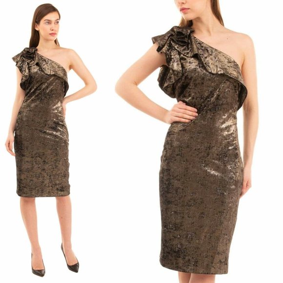 $650 New BADGLEY MISCHKA Gold Bronze Bodycon Midi Dress 8 MEDIUM  One Shoulder - Picture 8 of 13